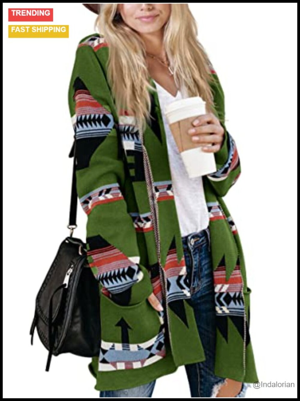 Boho Aztec Open Front Long Sleeve Shawl Collar Cardigan Sweater Coat